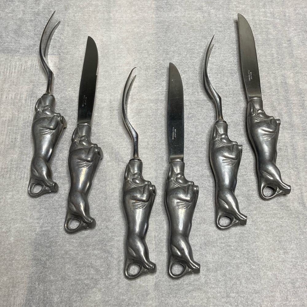 Vintage Bruce Fox Design Charging Bull Meat Carving Set (3) Stainless Knife Fork
